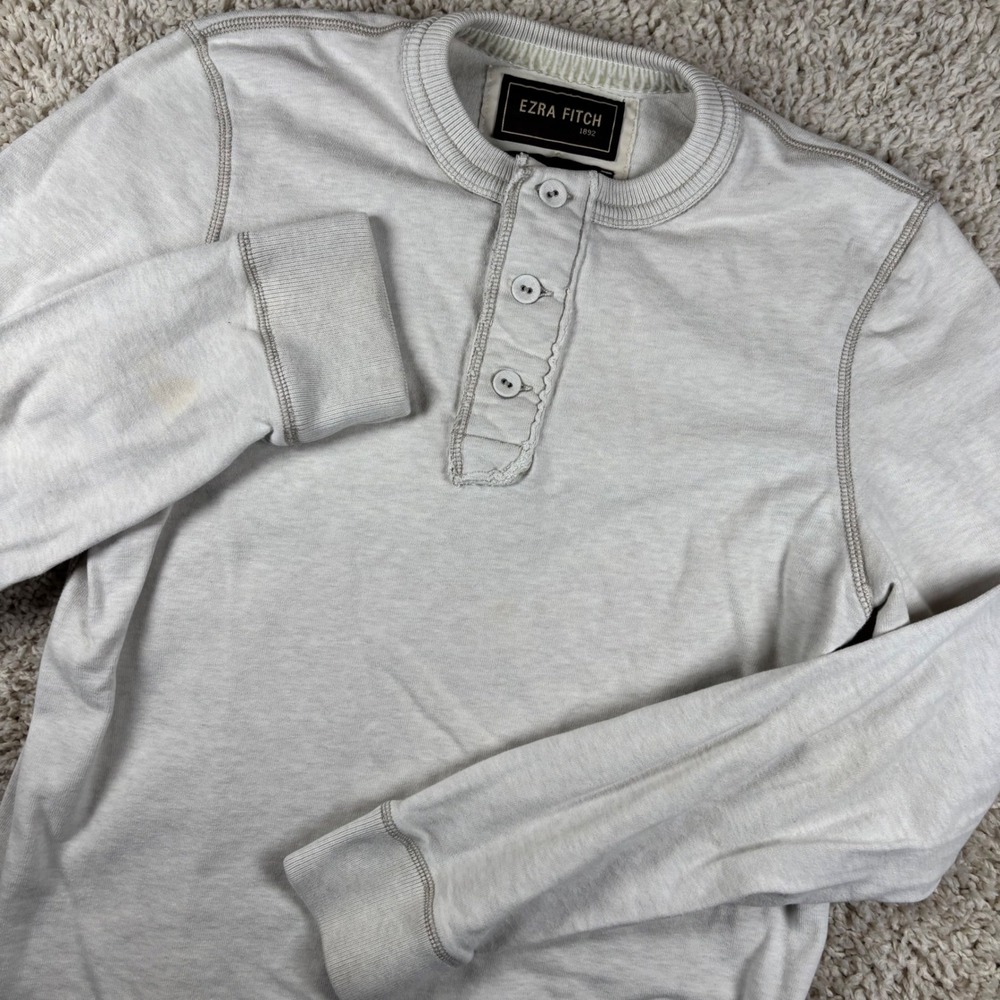 Vintage Ezra Fitch Mens Henley Shirt Large Cream Long Sleeve Cotton Thermal Y2K